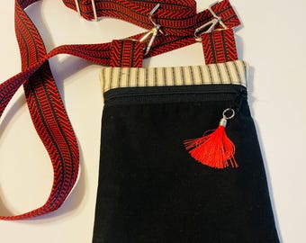 Striped Fabric Crossbody Bag, Zipper Shoulder Bag, Red Tassel Pocket, Everyday Purse