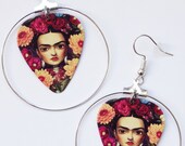 Frida Kahlo Dark Art Portrait silver hoop guitar pick earrings Mexican Marigold