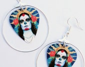 Day of the Dead sugar skull silver hoop guitar pick earrings (Dia de los Muertos)