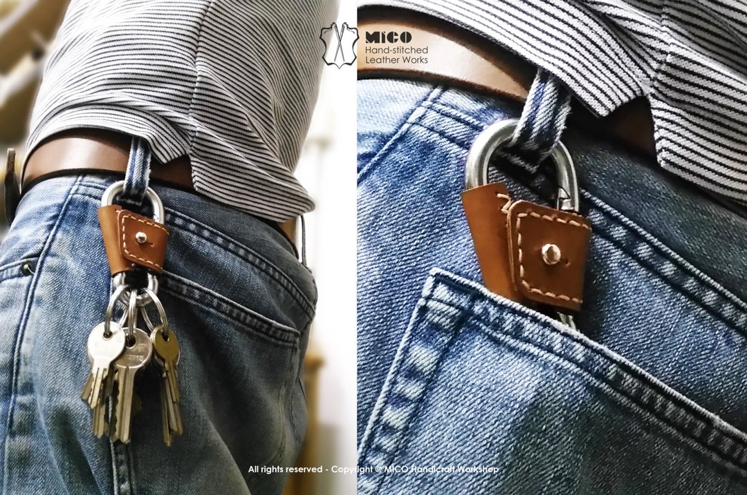 MICO Carabiner Leather Wrapped Key Holder, Key Chain, Key Fob, Karabiner, Stainless Steel