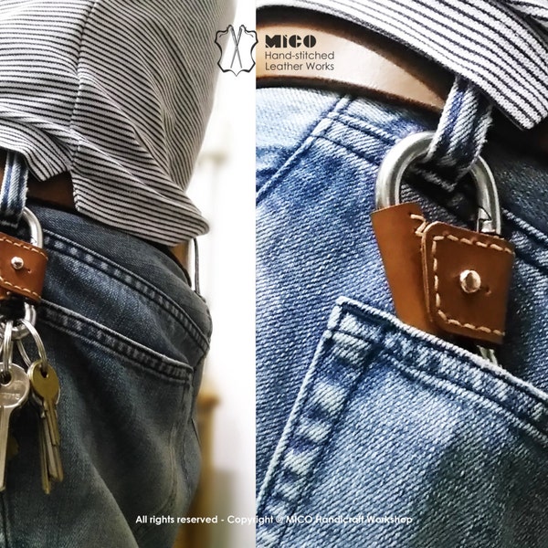 MICO Carabiner leather wrapped Key holder, key chain, key fob, karabiner, Stainless Steel Carabiner Fast Clasp Clip M8 8cm