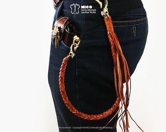 MICO Handicraft Handmade Leather Braided Chain (Diameter 1CM) for Wallet, Trucker leather Braided Chain, Badass rider style, Gift for Men