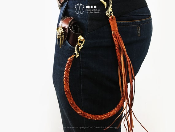MICO Handicraft Handmade Leather Braided Chain diameter 1CM for Wallet,  Trucker Leather Braided Chain, Badass Rider Style, Gift for Men 