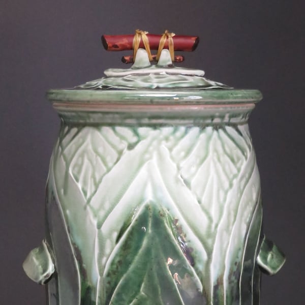 Large lidded jar suitable for compost, sauerkraut, kimchi, cookies, green wood ash and shiny green glazes, porcelain, manzanita twig handle