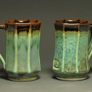 Faceted mug, porcelain with patina green and temmoku glazes