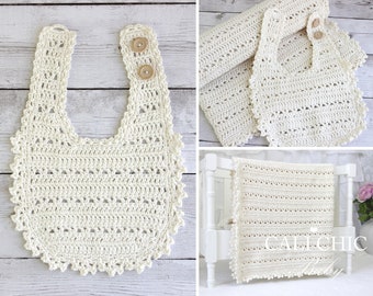 Crochet Pattern SET - Baby Bib & Blanket Set #140 - Blossom Bib and Blanket PATTERN - Instant Download