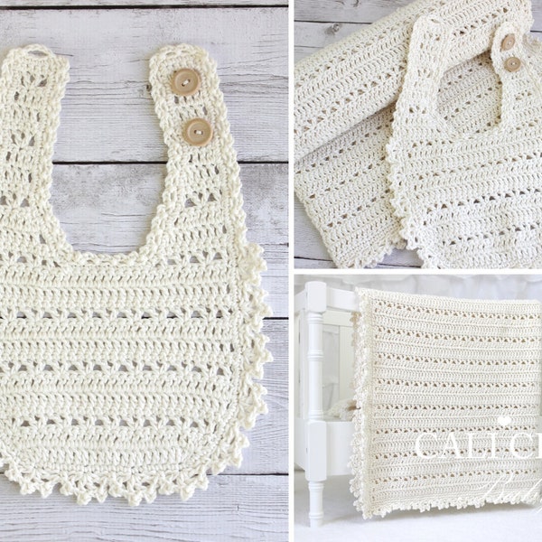 Crochet Pattern SET - Baby Bib & Blanket Set #140 - Blossom Bib and Blanket PATTERN - Instant Download