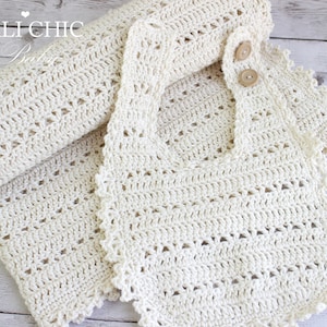 Bib & Blanket SET Pattern - Blossom crochet PATTERN #140 - Baby Bib and Blanket PATTERN Set - Instant Download