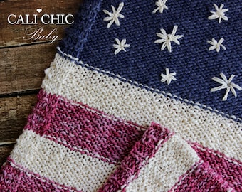 Easy Knitting Blanket PATTERN 76 - Stars & Stripes - American Flag Knitting PATTERN - Red White and Blue Knit Blanket