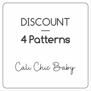 Puede incluir: Gráfico cuadrado blanco con las palabras "DISCOUNT" encima de "4 Patterns". Debajo está el texto "Cali Chic Baby" en una fuente cursiva. El texto es negro.