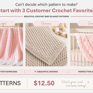 Peut inclure: Un graphique num&eacute;rique pr&eacute;sentant trois mod&egrave;les de couvertures de b&eacute;b&eacute; au crochet intitul&eacute;s Angel, Vienna et Iris. Le texte indique : Can't decide which pattern to make? Start with 3 Customer Crochet Favorites. Beautiful crochet baby blanket patterns.