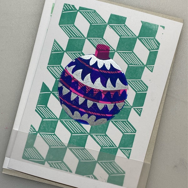Festive Bauble - hand printed linocut greetings card