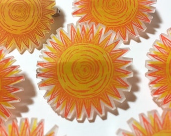 Sun! Hand printed shrink plastic badge