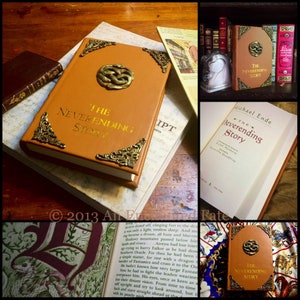 A collage of photos of the Neverending Story leather bound book, cover, on a bookshelf, the green and red text, the illustration/illustrated letter example of beginning of each chapter