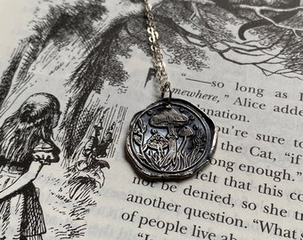 Folklore Mushroom “lost wax” Seal- Fine silver and sterling silver necklace-Alice in Wonderland