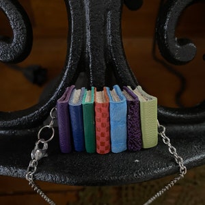 Wizard Book Series Necklace: Miniature Leather Bookstack, Stainless Steel Chain