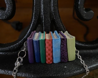 Wizard Book Series Necklace: Miniature Leather Bookstack, Stainless Steel Chain