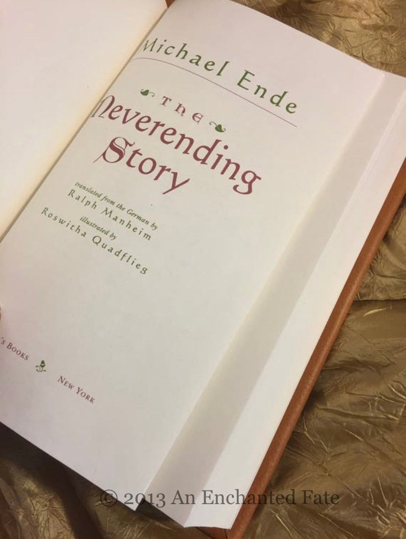 Photo of the title page of The Neverending Story, author, illustrator, publisher. Showing that it is actually the book and not just blank like many others for sale