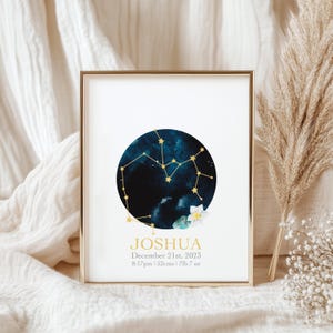 Newborn Birth details print keepsake  | Personalised, Custom Nursery decor, birth flower, birth stone | Baby details, zodiac constellation