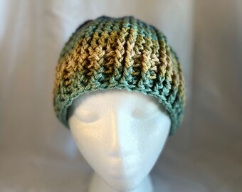 Handmade crocheted green, gold, and blue warm winter hat with cables! Cozy.