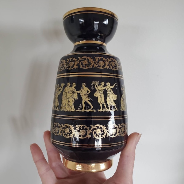 Greek Ceramic Vase. Neofitou Keramik in Black with Mythological Decorations and Scrolling Volutes in Gold.