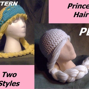 May include: Crochet pattern for a princess hair hat. The pattern includes two styles, one with a yellow braid and one with a white braid. The pattern is available as a PDF download.  "Princess Hair" and "PDF" are written on the image.