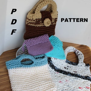 May include: Four crocheted bags in different colors and styles. The bags are made with different types of yarn, including a brown and beige bag, a purple bag, a blue bag, and a white bag with a blue trim. The bags are all small and would be perfect for carrying small items.