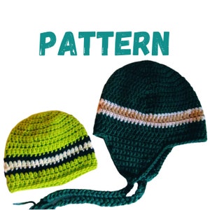 Puede incluir: Dos gorros de ganchillo, uno verde con una franja marrón y una larga corbata, y otro verde lima con una franja negra y blanca. Los gorros están sobre un fondo blanco con la palabra "PATTERN" en turquesa.