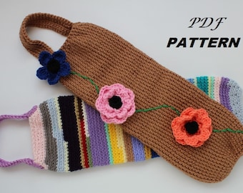 May include: Two crocheted bags with handles. One bag is brown with a row of crocheted flowers in blue, pink, and orange. The other bag is striped in various colors. The text "PDF PATTERN" is visible in the image.