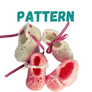 May include: Four crocheted baby booties with pink and white yarn. The booties have white ribbon laces and pink and white gingham ribbon laces. The word "PATTERN" is written in teal above the booties.