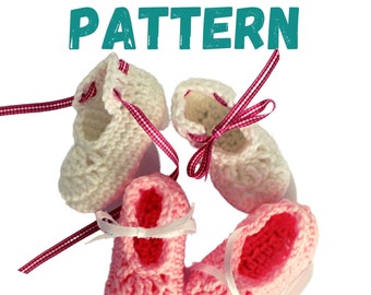 May include: Four crocheted baby booties with pink and white yarn. The booties have white ribbon laces and pink and white gingham ribbon laces. The word "PATTERN" is written in teal above the booties.