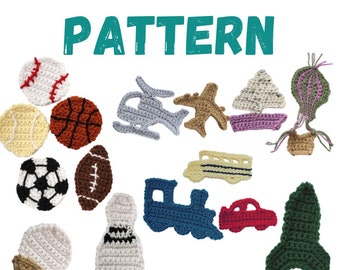 May include: Crochet patterns for various items, including a baseball, basketball, football, airplane, hot air balloon, train, car, bowling pin, and a rocket. The patterns are all in different colors and are made with yarn.