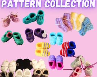 May include: A collection of crocheted baby booties in various colors and styles, including pink, blue, green, yellow, and purple. The booties are decorated with bows, flowers, and stripes.  PATTERN COLLECTION.