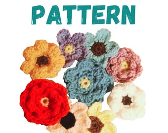 May include: A collection of eight crocheted flowers in various colors, including yellow, red, blue, purple, white, and pink. The flowers are arranged in a circle, with the word "PATTERN" written in teal above them.