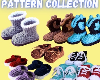May include: A collection of crocheted baby booties in various styles, including cowboy boots, sneakers, and moccasins. The booties are made in a variety of colors, including blue, red, brown, and purple. The image includes the text "PATTERN COLLECTION".