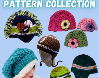 May include: A collection of crochet hats in various colors and styles, including a green hat with a flower, a brown hat with white stripes, a blue hat with a white pom-pom, and a pink hat with a white flower.