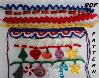 May include: A collection of crocheted garland patterns, including a red, white, and blue bunting, a green and red Christmas garland, and a yellow and blue garland. The text "PDF PATTERN" is visible in the upper right corner of the image.