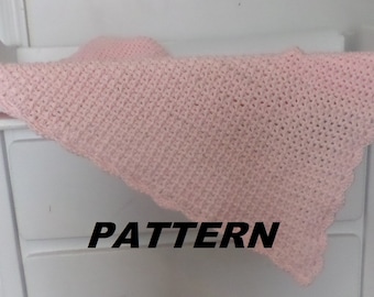 May include: A pink crocheted baby blanket with a scalloped edge. The blanket is folded and draped over a white surface. The word "PATTERN" is printed in black letters below the blanket.