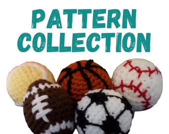 May include: A collection of five crocheted sports balls, including a baseball, basketball, football, soccer ball, and a yellow ball. The balls are arranged in a circle on a white background. The text "PATTERN COLLECTION" is displayed above the balls.