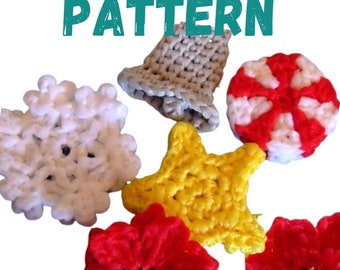 May include: Crochet Christmas ornaments in the shapes of a star, snowflake, bell, candy cane, and poinsettia. The ornaments are made with white, yellow, red, and gray yarn.