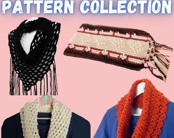 May include: A collection of crochet patterns featuring a black triangular scarf with fringe, a brown and cream striped scarf with fringe, a cream colored infinity scarf, and an orange infinity scarf.