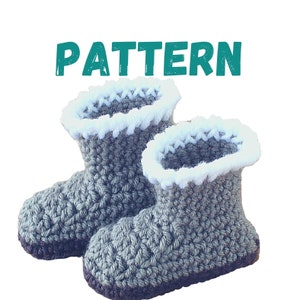 May include: A pair of gray crocheted boots with a white, fluffy trim around the opening and a dark brown sole. The word "PATTERN" is written in teal above the boots.