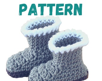 May include: A pair of gray crocheted boots with a white, fluffy trim around the opening and a dark brown sole. The word "PATTERN" is written in teal above the boots.