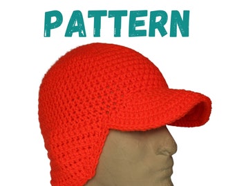 May include: A bright orange crocheted hat with a visor and ear flaps. The hat is made with a simple stitch pattern and has a casual, sporty look.