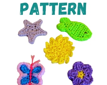 May include: A set of five crocheted shapes, including a starfish, a fish, a flower, a butterfly, and a sun. The shapes are made in various colors, including purple, pink, blue, green, and yellow.