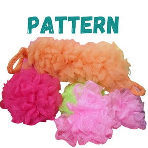 May include: A collection of colorful bath accessories, including a long orange loofah with a loop and several round, fluffy bath sponges in shades of pink and green. The word "PATTERN" is written in teal above the items.