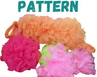 May include: A collection of colorful bath accessories, including a long orange loofah with a loop and several round, fluffy bath sponges in shades of pink and green. The word "PATTERN" is written in teal above the items.