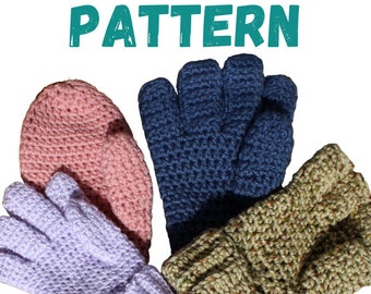 May include: Three pairs of crocheted gloves in different colors: pink, lavender, and green. The gloves are all fingerless with a thumb hole. The word "PATTERN" is written in teal above the gloves.