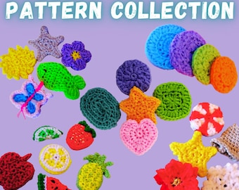 May include: A collection of colorful crocheted patterns, including a heart, star, fish, butterfly, flower, pineapple, watermelon, lemon, strawberry, and candy cane. The patterns are arranged on a purple background with the text "PATTERN COLLECTION" at the top.