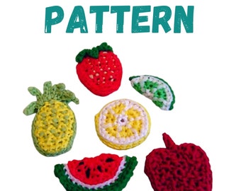 May include: Crocheted fruit pattern with a red apple, a red strawberry, a yellow lemon, a green lime, a yellow pineapple, and a red watermelon.